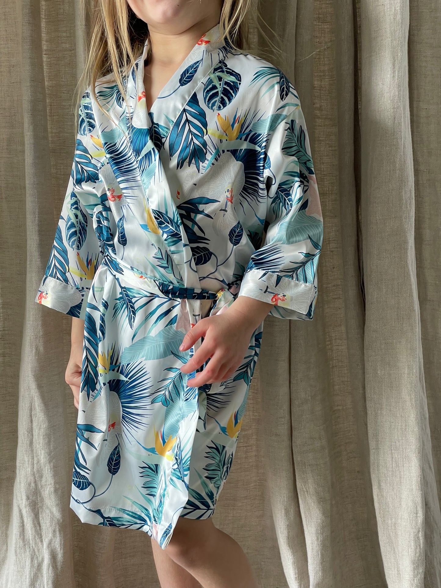 Mini Blue Palm Satin Robe