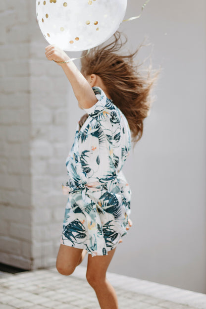 Mini Blue Palm Satin Robe