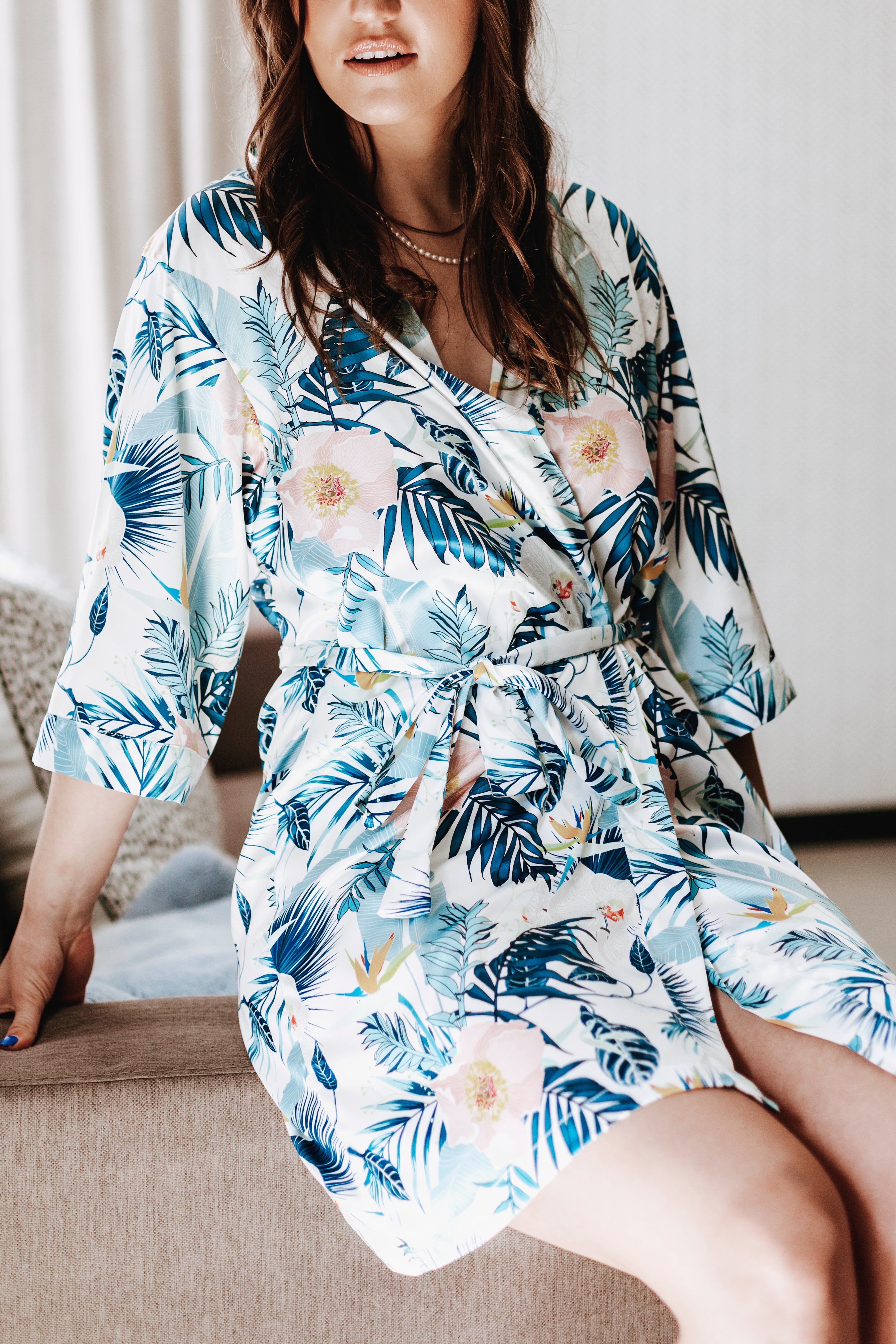 Blue Palm Satin Robe – Love Lace Bridal